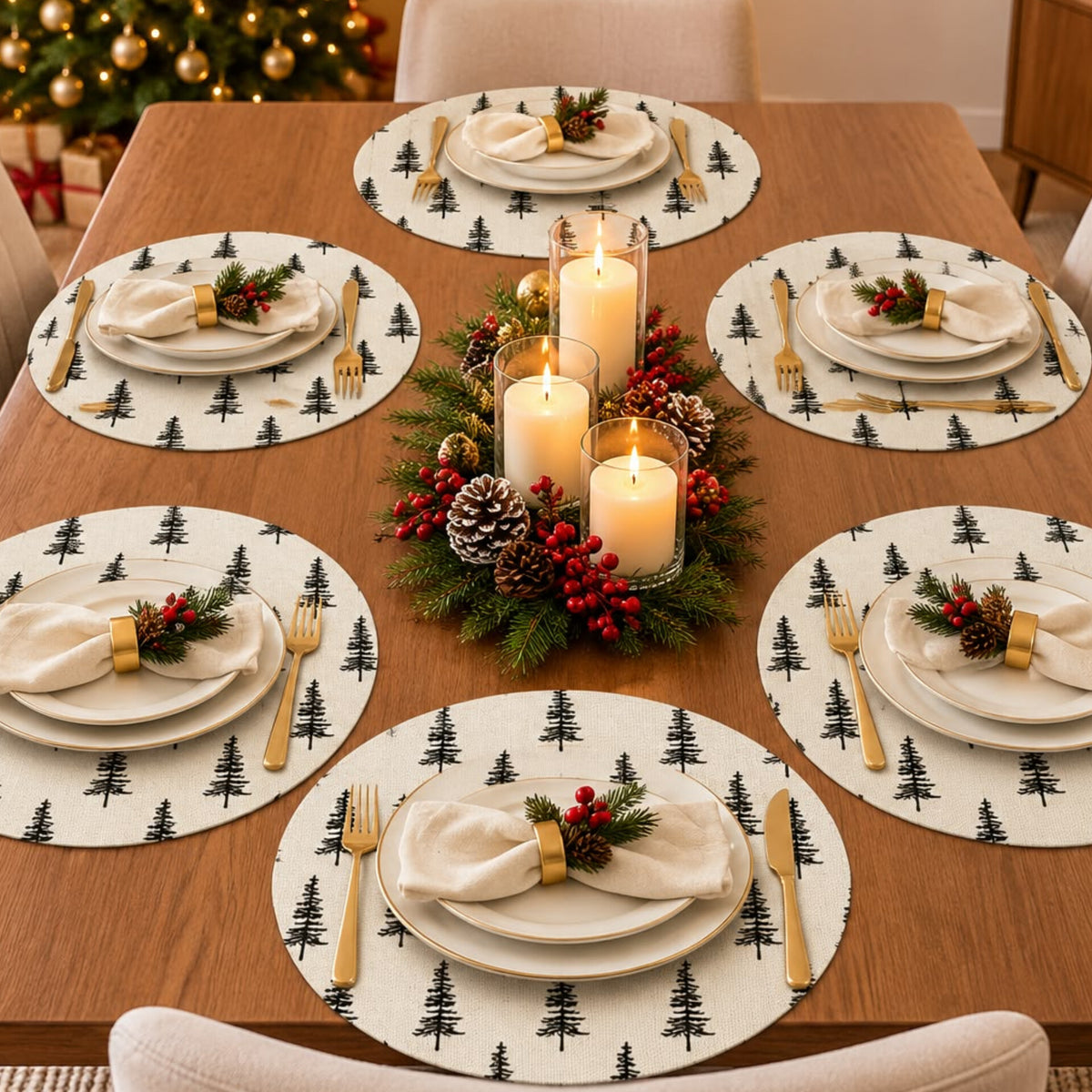 6Pcs White Christmas Tree Round Placemats