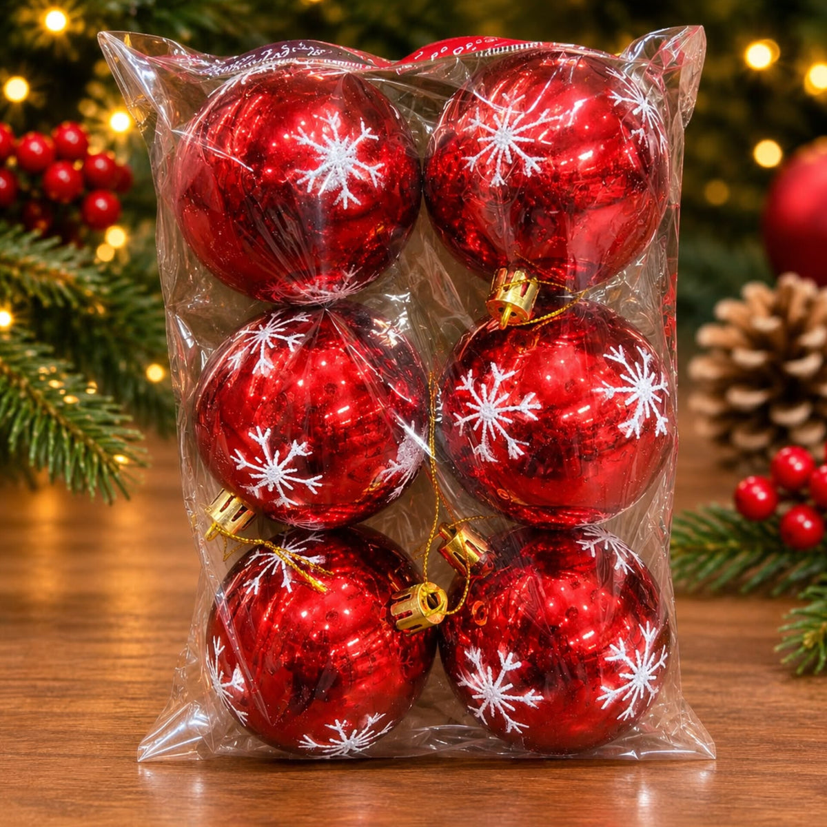 6Pcs Christmas Bauble Balls With Gold Patterns
