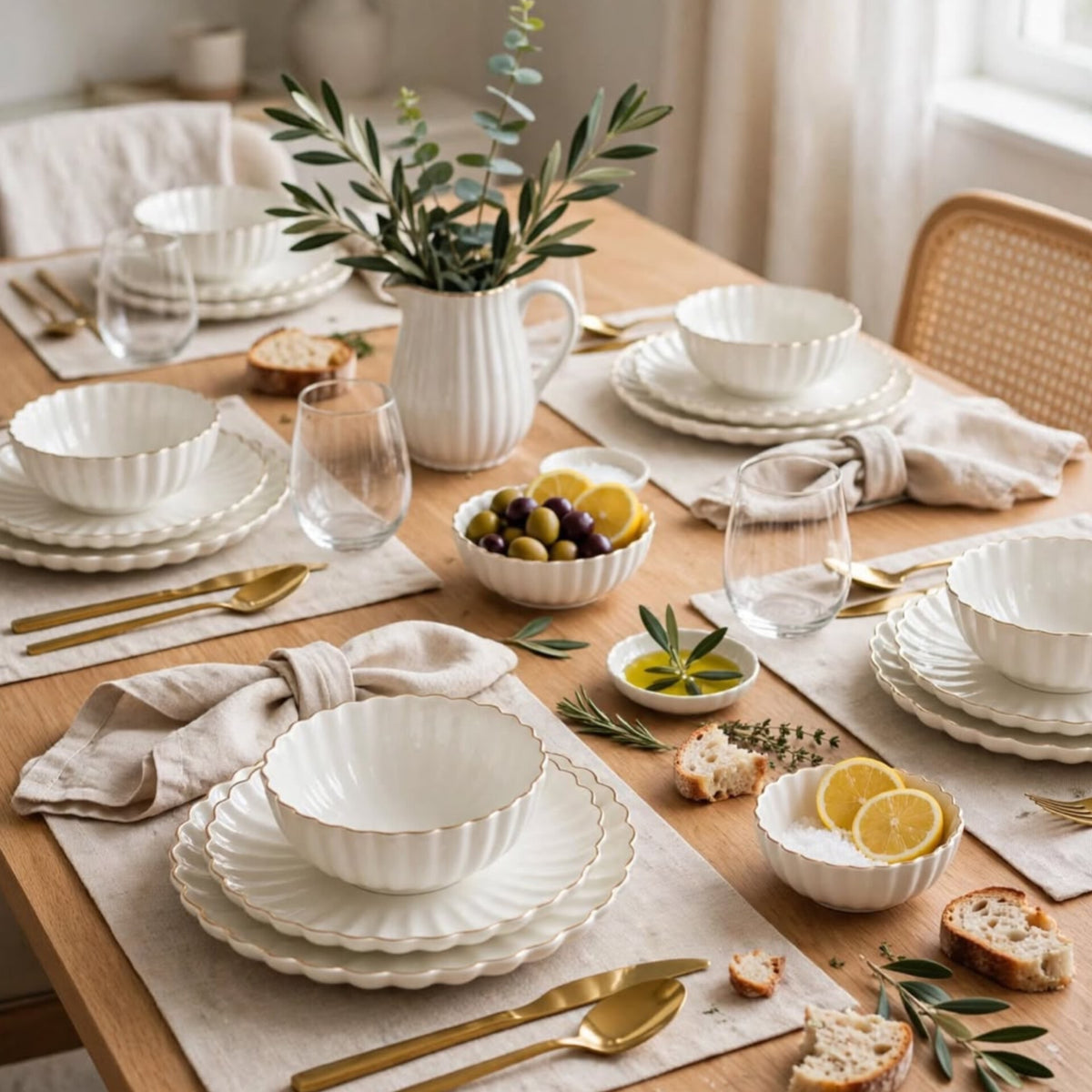 24Pcs White Dinner Set with Gold Rim