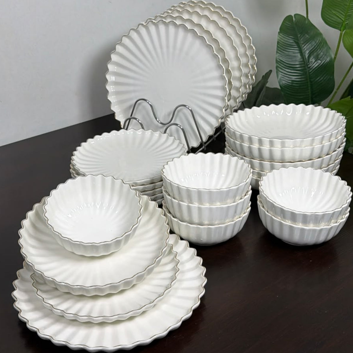 24Pcs White Dinner Set with Gold Rim