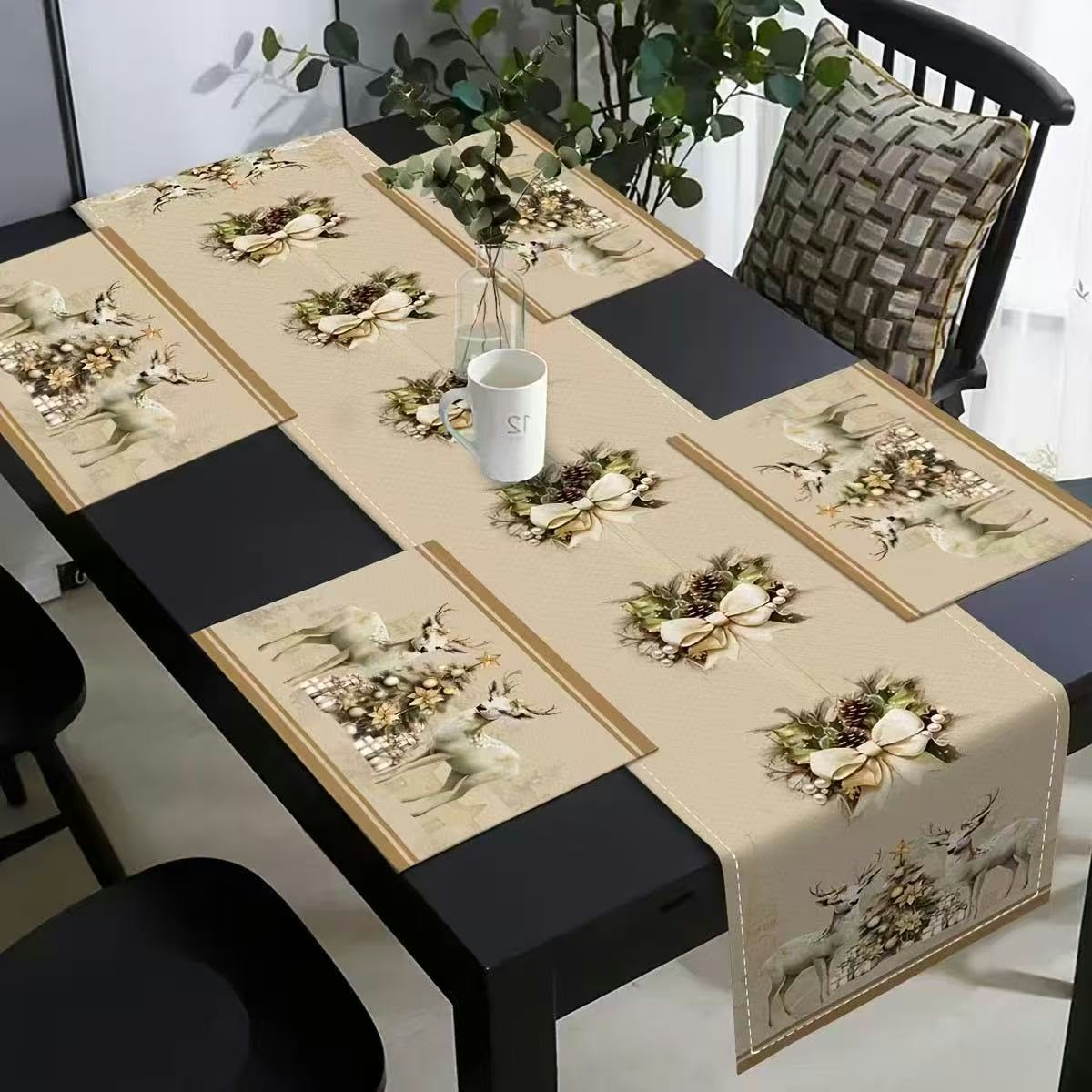 Christmas Polyester Table Runner With 4 Matching Table Mats Set |35*180Cm