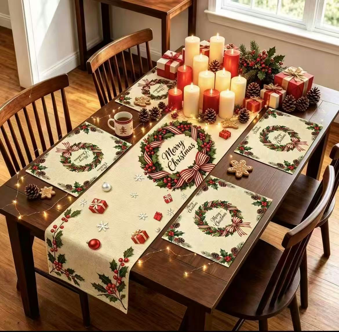 Christmas Polyester Table Runner With 4 Matching Table Mats Set |35*180Cm