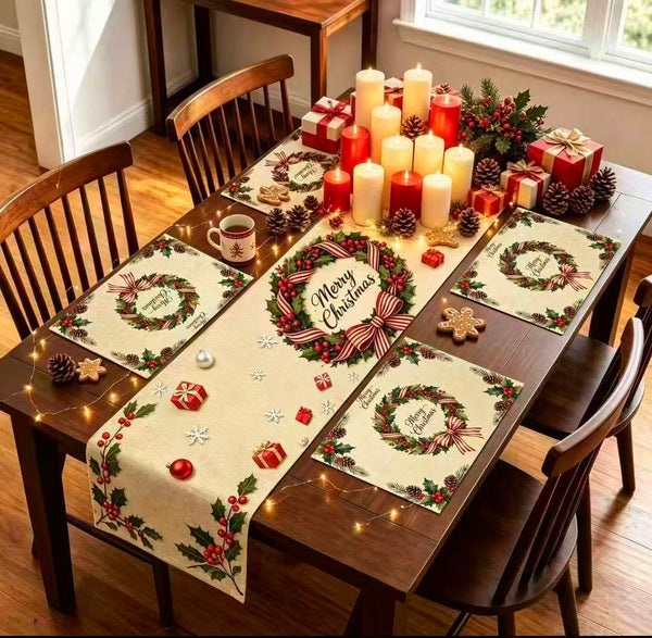 Christmas Polyester Table Runner With 4 Matching Table Mats Set |35*180Cm