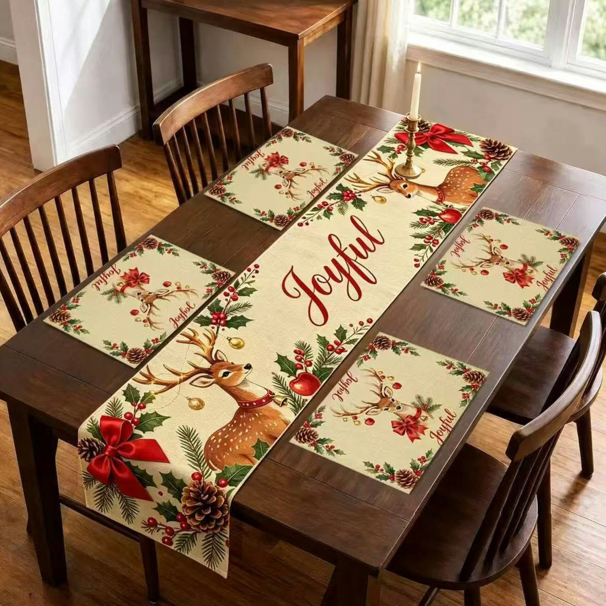 Christmas Polyester Table Runner With 4 Matching Table Mats Set |35*180Cm
