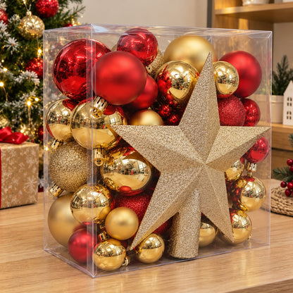 48Pcs Red And Gold Christmas Decoration Set With Tree Topper Star