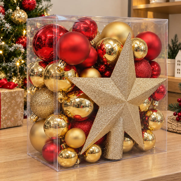 48Pcs Red And Gold Christmas Decoration Set With Tree Topper Star