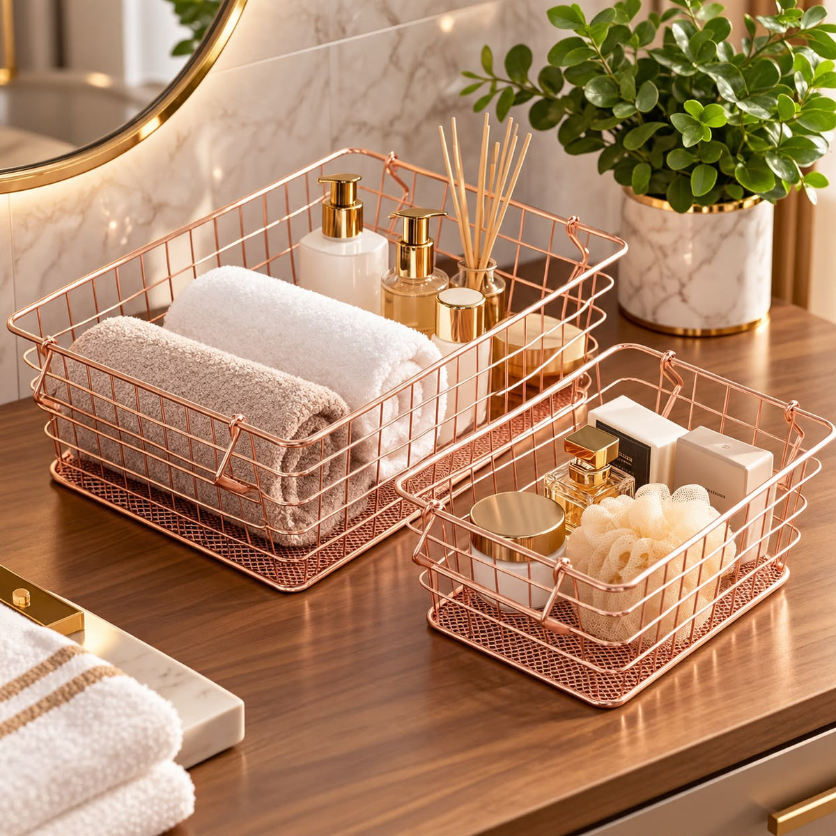 Bathroom Organizer Set with Rose Gold Accents