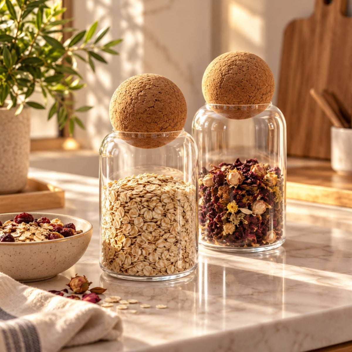 Glass Storage Jars with Spherical Cork Lids