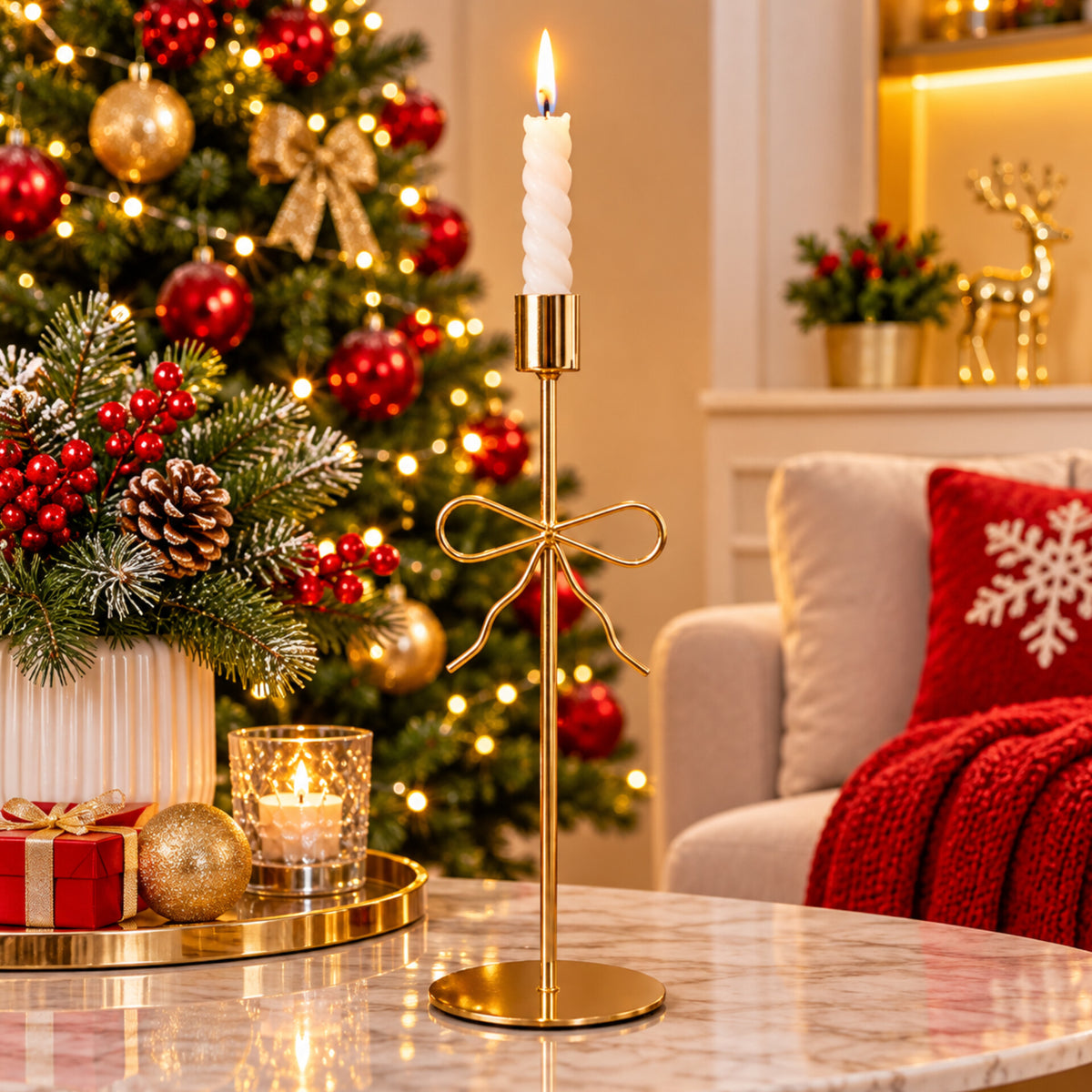 Metallic Christmas Bow Knot Candle Stick Holder Gha