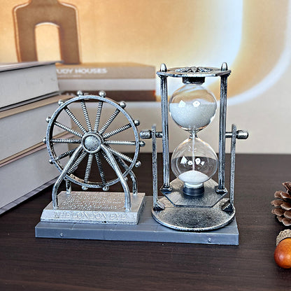 Silver ferris wheels and hour glass sand timer decor