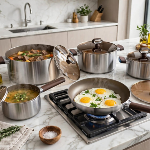 10Pcs Stainless Steel Cookware Set With Wood Look Handles