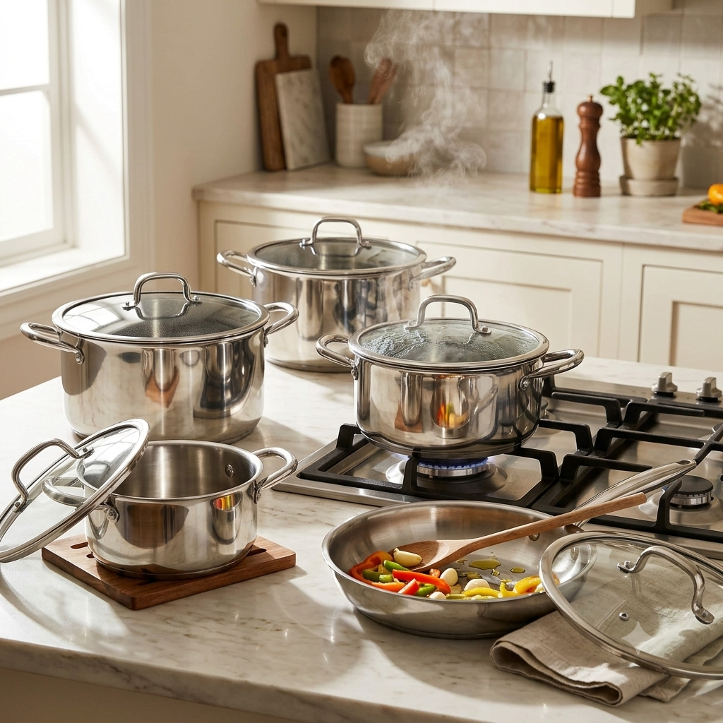 10 Piece Trippy Stainless Steel Cookware Set With Hammered Patterned Design