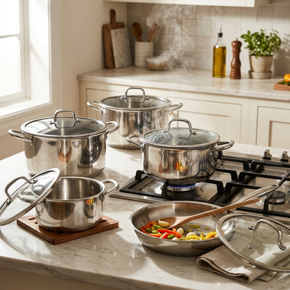 10 Piece Trippy Stainless Steel Cookware Set With Hammered Patterned Design