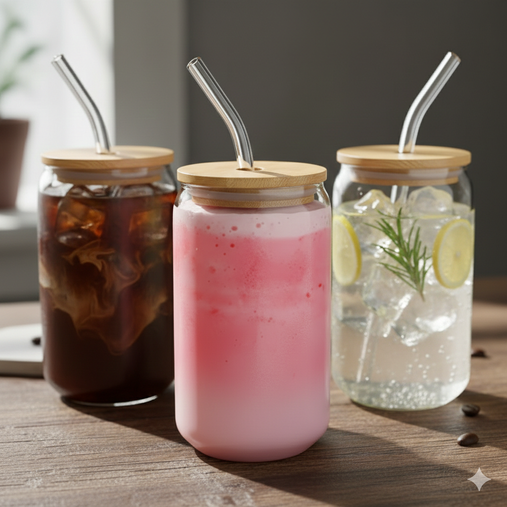 glass tumblers with bamboo lids and glass straws