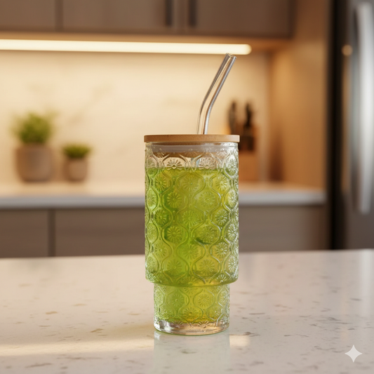 textured highball glass with a bamboo lid and glass straw