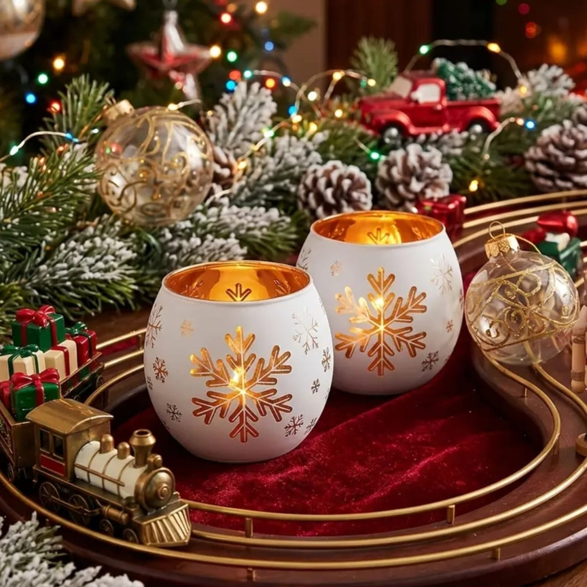 2Pc Christmas Glass Snowflake Tealight Candle  Holders Set