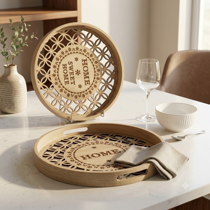 2Pcs Decorative Round Wooden Tray Set