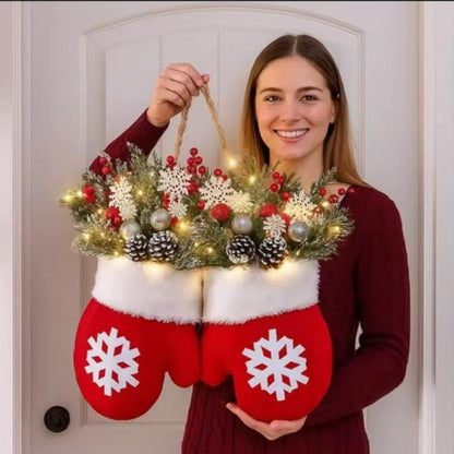 2 In 1 Christmas Garland Glove Shaped  Flower Wreath with Light Gha