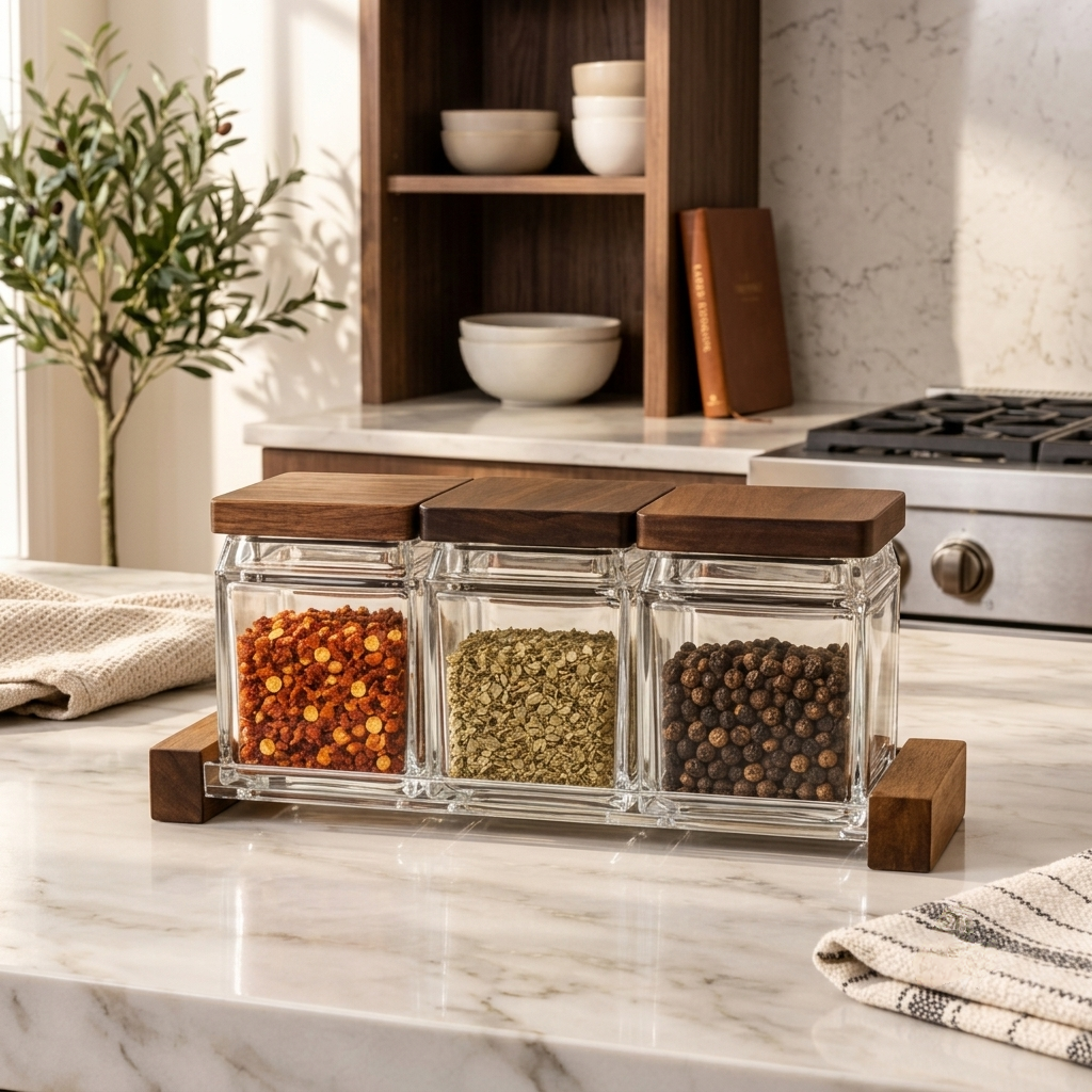 3-in-1 Glass Canister Spice Jar Set with Wooden Lids and Tray