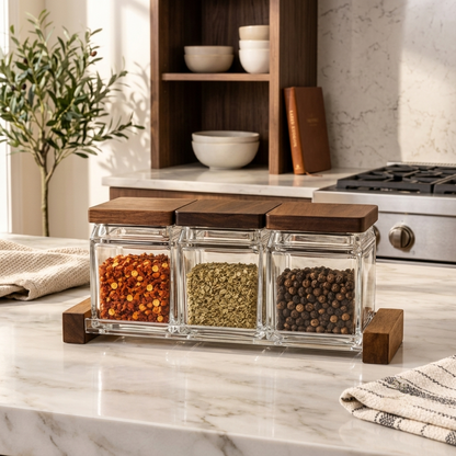 3-in-1 Glass Canister Spice Jar Set with Wooden Lids and Tray