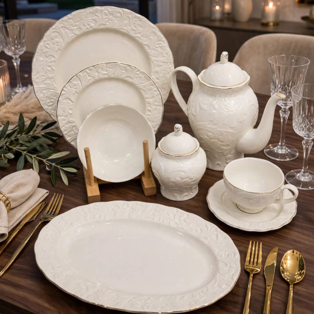 39Pcs White Porcelain Embossed Ceramic Dinner Set With Gold Rim