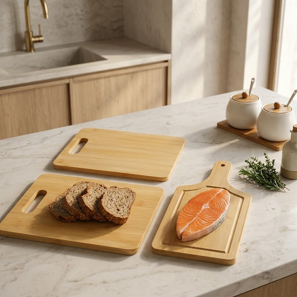 3 in 1 Wooden Bamboo Cutting Board Set with Handle