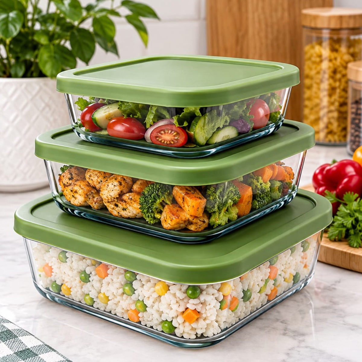 3Pc Square Glass Food Storage Containers Set