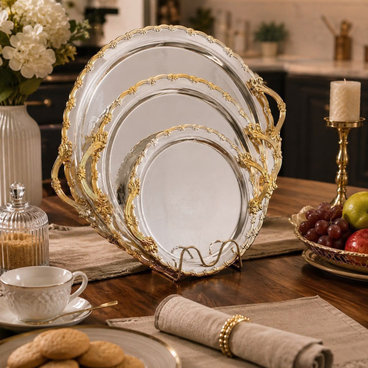 3Pcs Round Gold Plated Serving Tray Set