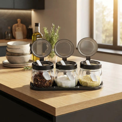 3pc Glass Condiment Set With Flip Top Black