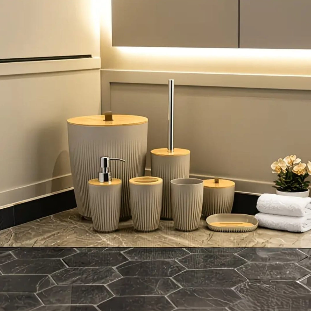 
7 in 1 bathroom accessories set with wooden top 