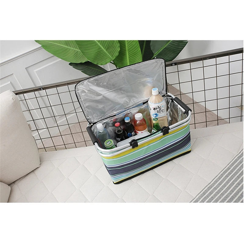 Foldable coloured insulated picnic storage bag basket with 2 handles