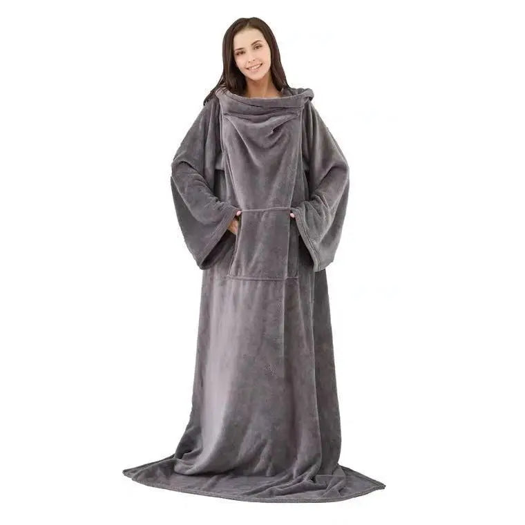 Wearable fleece blanket with sleeves and pockets
