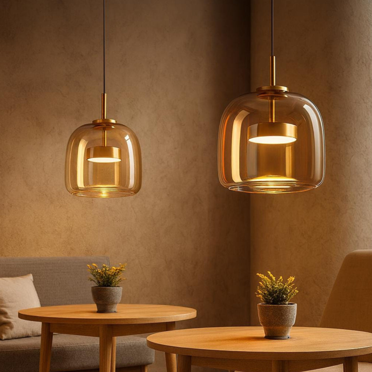 Amber Glass Pendant Light with Brass Fixture