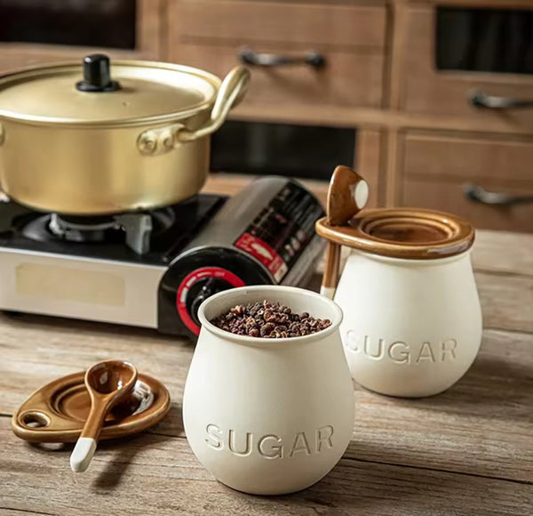 Ceramic Sugar Dish  with Lid and Spoon