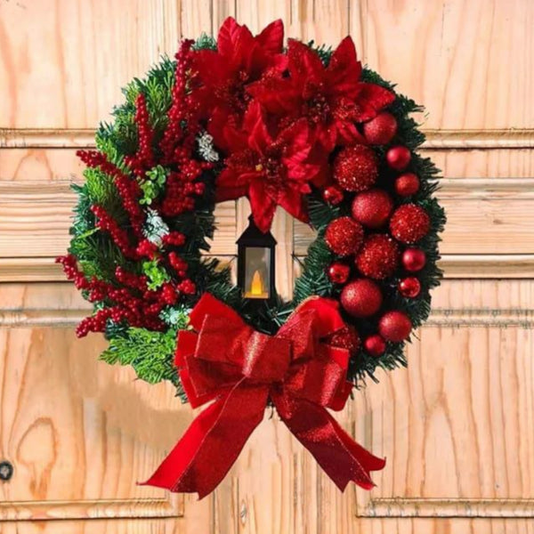 30Cm Christmas Front Door Wreath With LED Kerosene Lamp