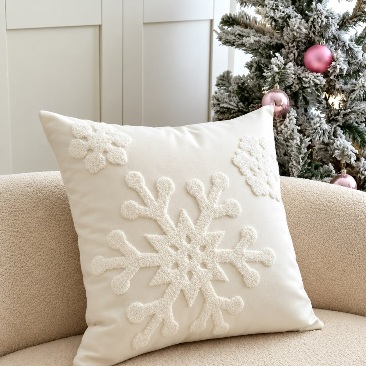 Christmas Plush Ivory Snowflake Cushion Cover