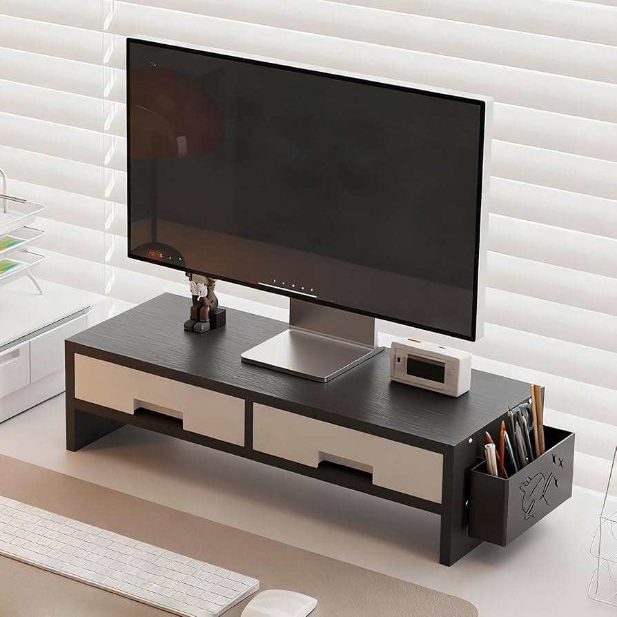 Desktop computer bamboo monitor stand riser with double door desk storage organizer