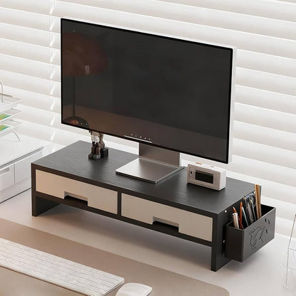 Desktop computer bamboo monitor stand riser with double door desk storage organizer