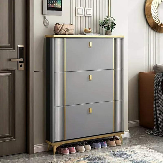 Modern Triple-Tier Double Layer Flip Shoe Cabinet with Gold Accents