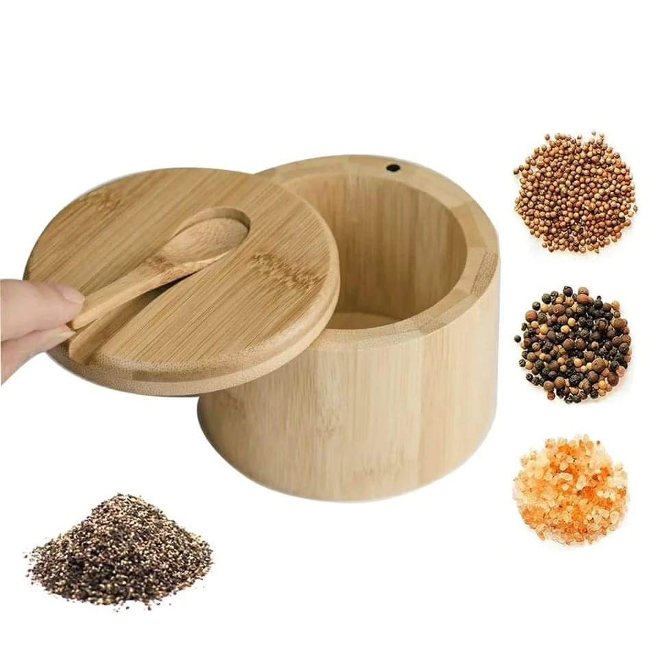 Bamboo sugar/spice tin with lid and spoon