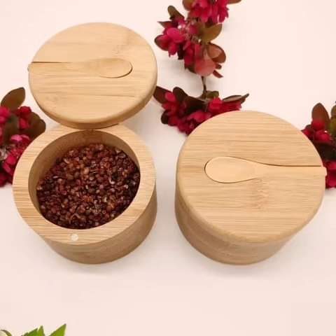 Bamboo sugar/spice tin with lid and spoon