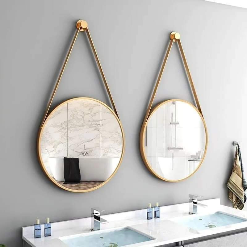 50cm Gold round Nordic wall  mirror with black strap