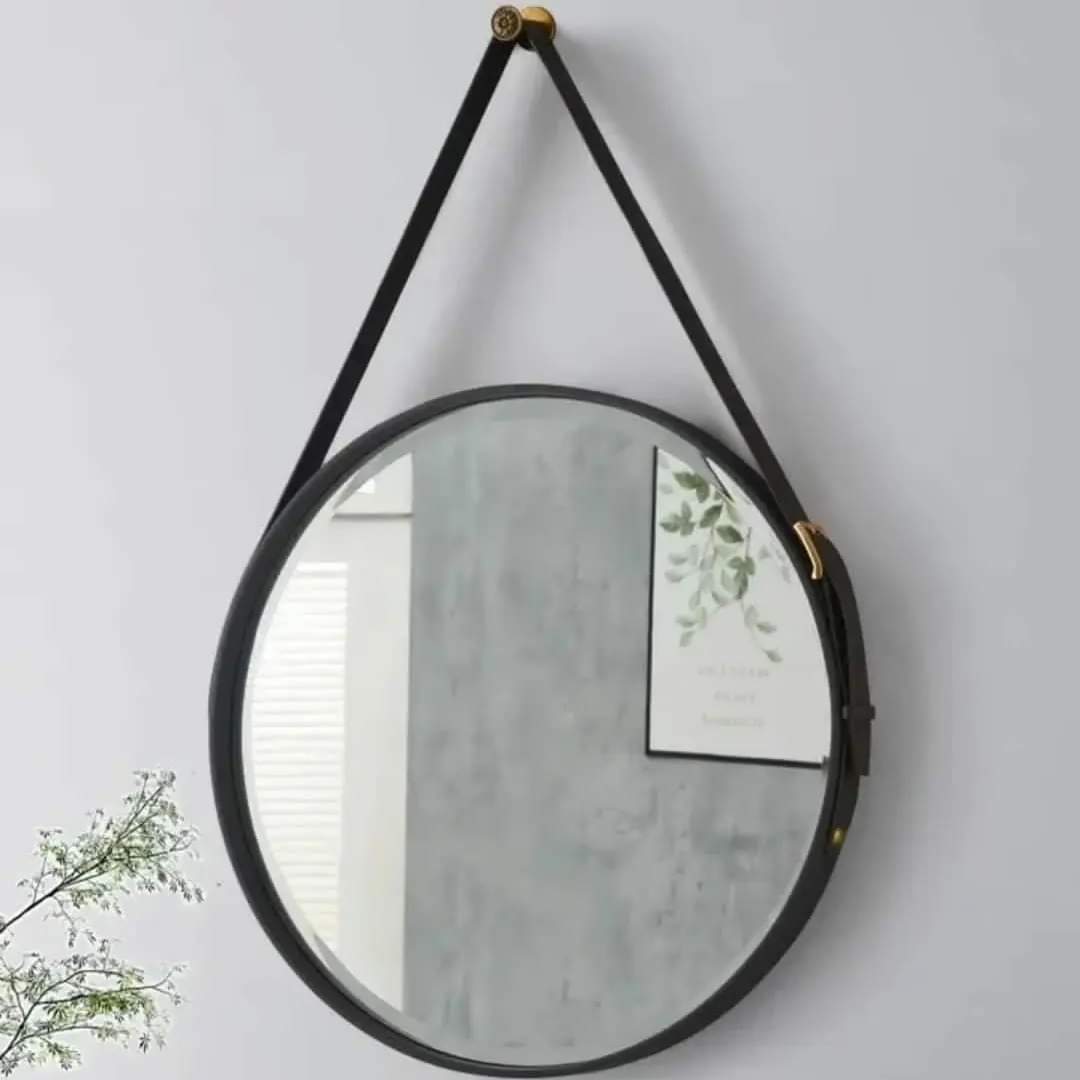 Wall hanging mirror with leather strap