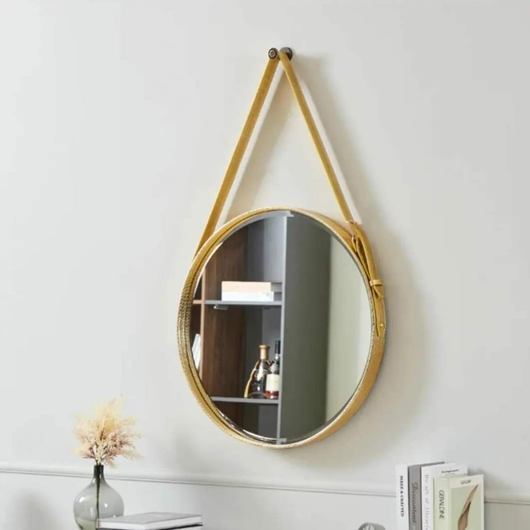 Wall hanging mirror with leather strap