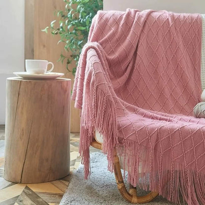 Knitted throw blankets with tassel