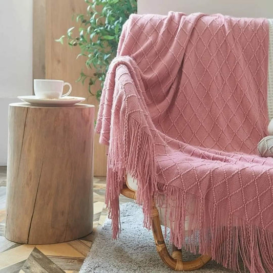 Knitted throw blankets with tassel