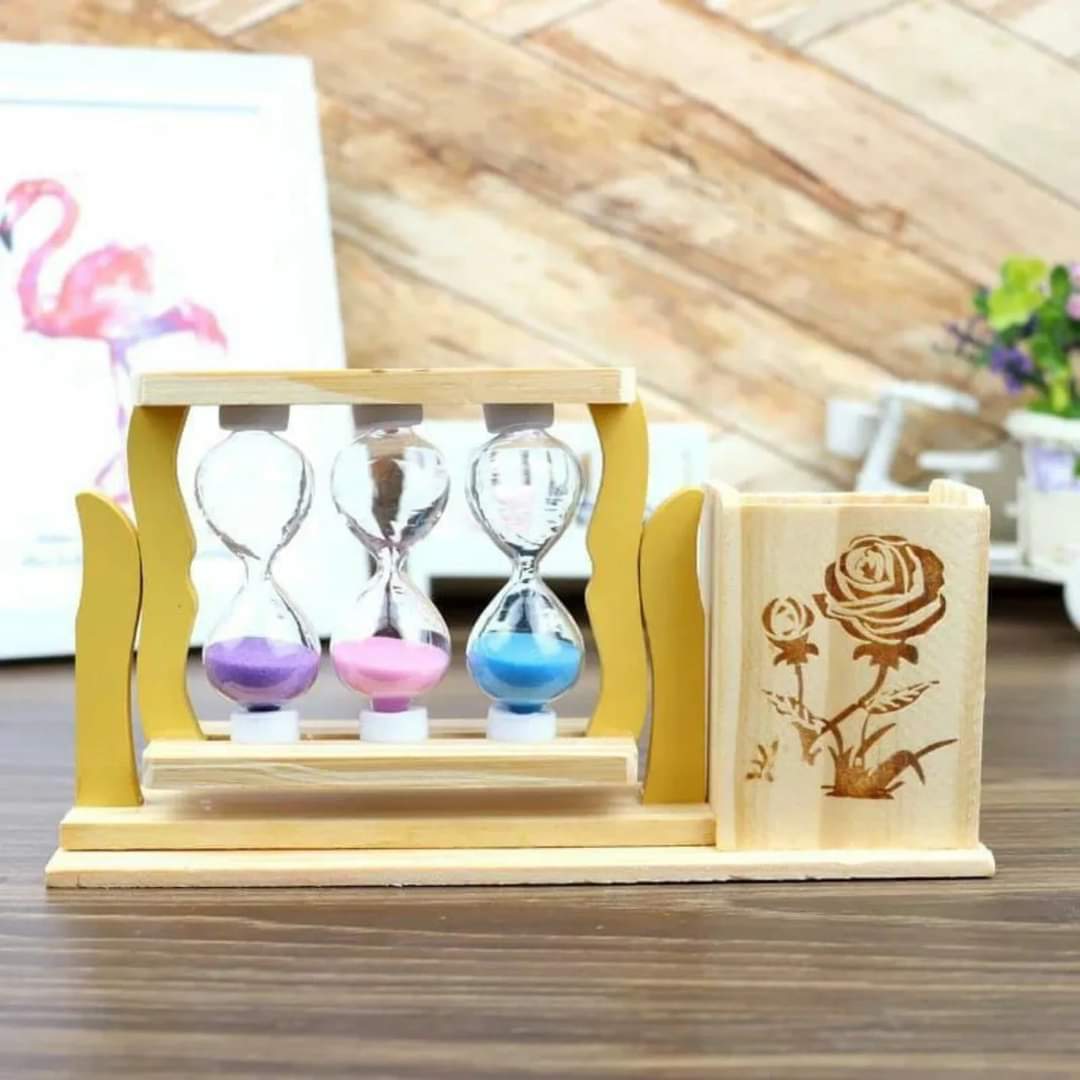 Wooden Pen Stand with 3 hourglass timer