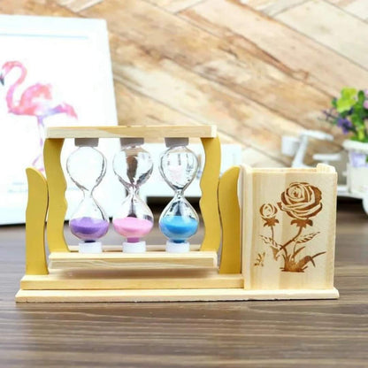 Wooden Pen Stand with 3 hourglass timer