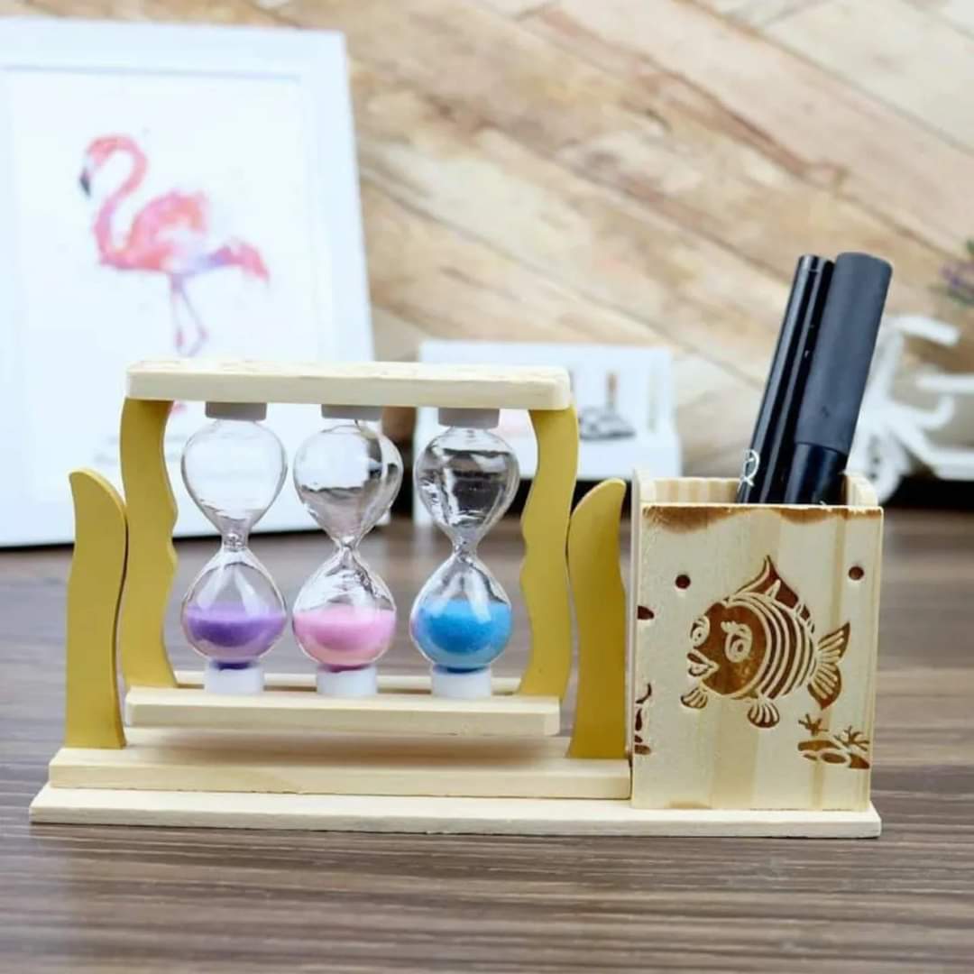 Wooden Pen Stand with 3 hourglass timer