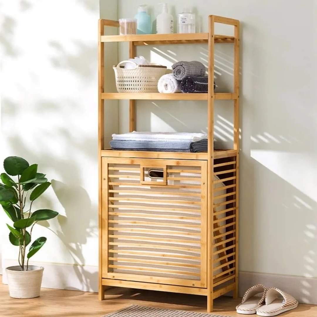 3 Tier Shelves Bamboo Laundry Basket Organizer BlackNov